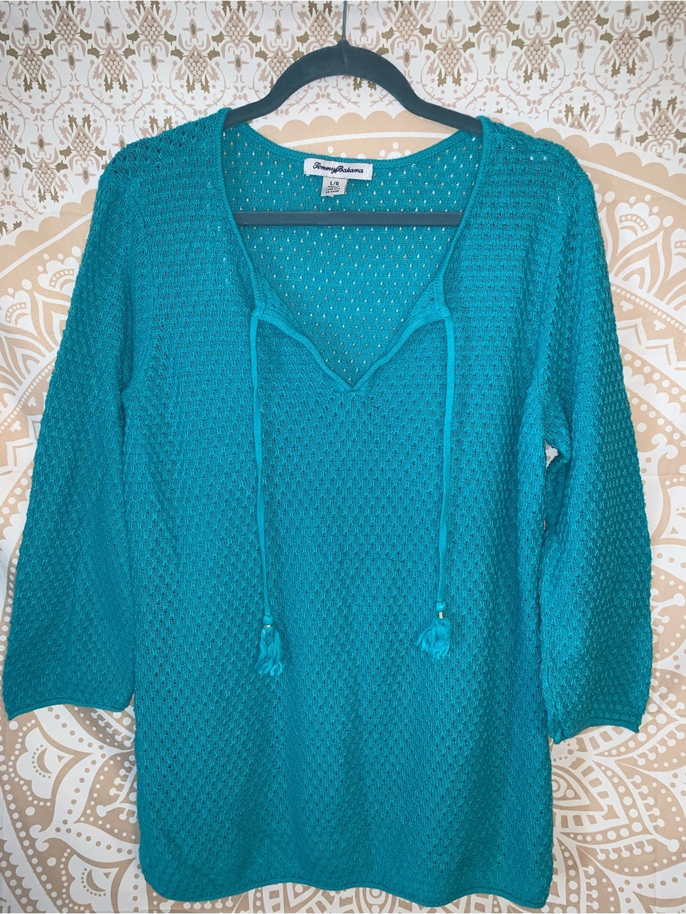 Tommy Bahama Lattice Stitch Sweater Tunic Cover Teal - L - TW418811